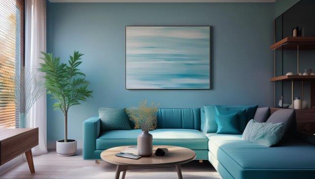 寒色系で統一された落ち着いた雰囲気のリビングルーム