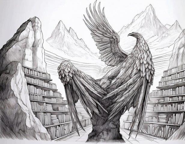 知識の丘、本棚と鷲