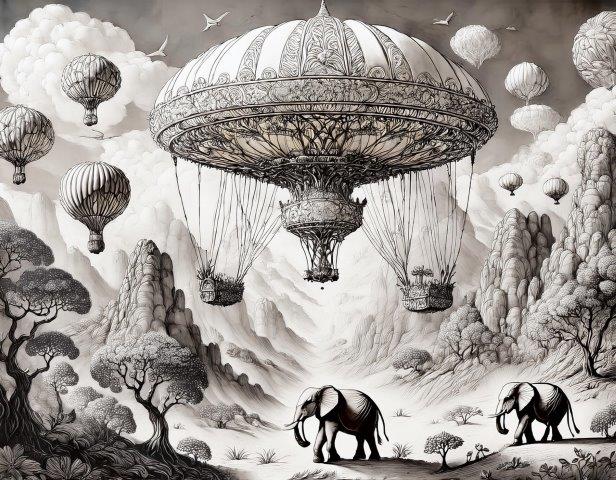 飛行船が象たちを誘う不思議な世界