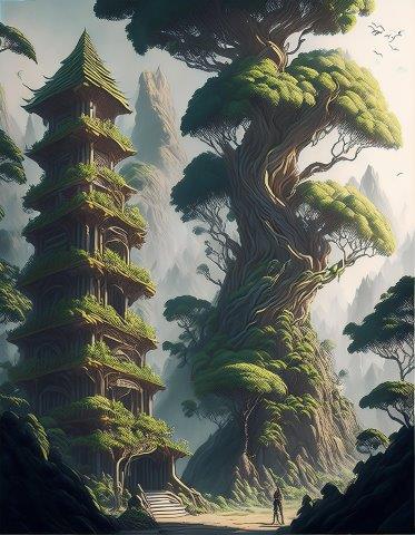 巨樹と東洋風の古代の建物