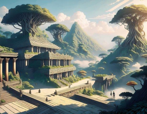 植物に浸食された遺跡のイラスト