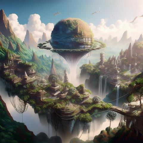 森の古代都市と球体の空中庭園