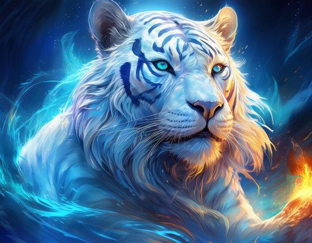 燃え盛る炎をまとった白いトラ