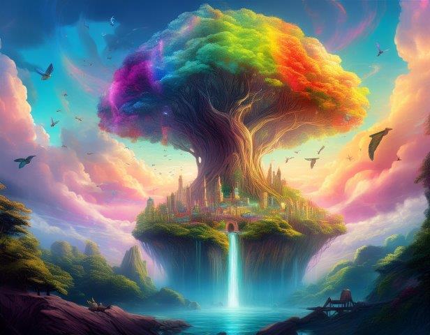 色鮮やかな巨木と美しい滝が作り出すユートピア