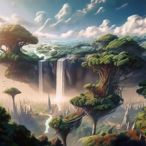 壮大な森と川が流れる浮遊島