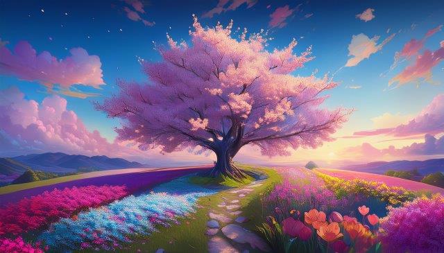 美しい桜と花畑、春の風景