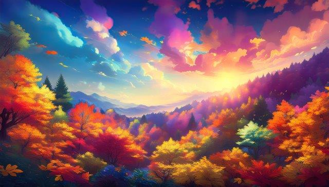 美しい秋の夕暮れ、紅葉の森