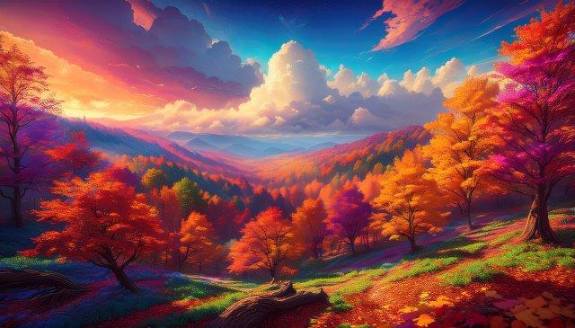 どこまでも続く真っ赤な森、秋の景色