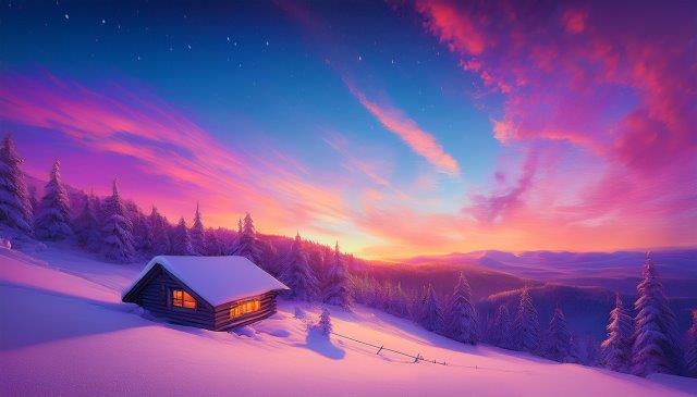 幻想的な雪山の夕暮れ