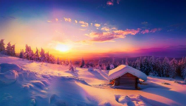 美しい冬の山小屋の夕刻