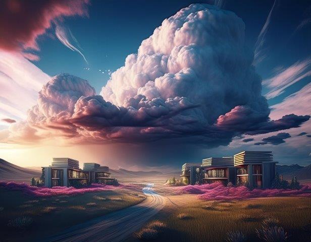 平野の別荘と巨大な雲