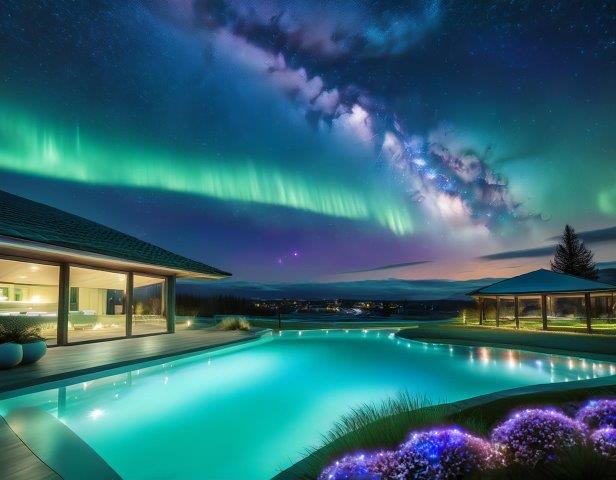 ライトアップされたプール付き豪邸と天の川