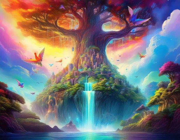 色鮮やかな巨樹と美しい水が流れる桃源郷