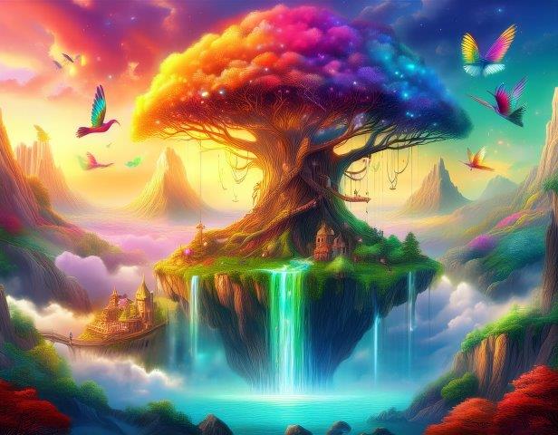 虹色の巨木と美しい鳥たちが飛び交う楽園