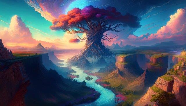 紅葉した巨樹が浮かぶ幻想的な世界